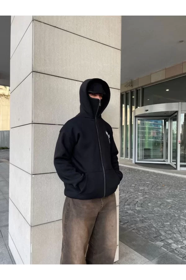 Luz&Pos Samuray Kapüşonlu Zıp Fermuarlı Kapüşonlu Sweatshirt - Siyah