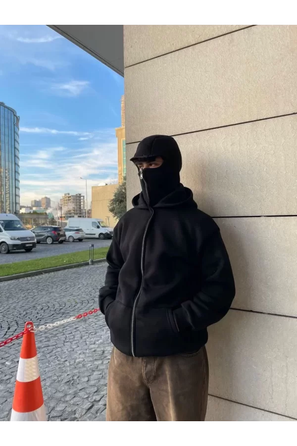 Luz&Pos Samuray Kapüşonlu Zıp Fermuarlı Kapüşonlu Sweatshirt - Siyah