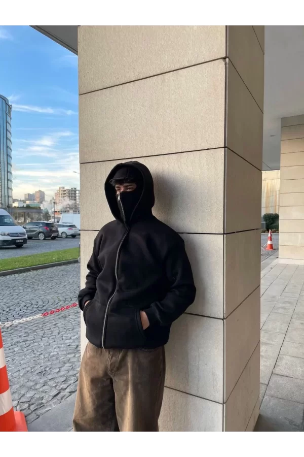 Luz&Pos Samuray Kapüşonlu Zıp Fermuarlı Kapüşonlu Sweatshirt - Siyah