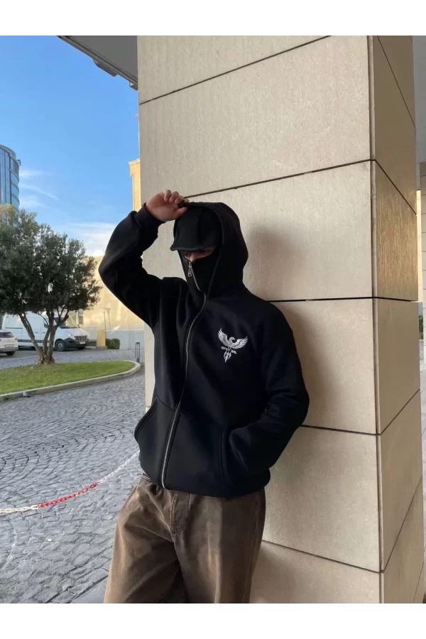 Luz&Pos Samuray Kapüşonlu Zıp Fermuarlı Kapüşonlu Sweatshirt - Siyah
