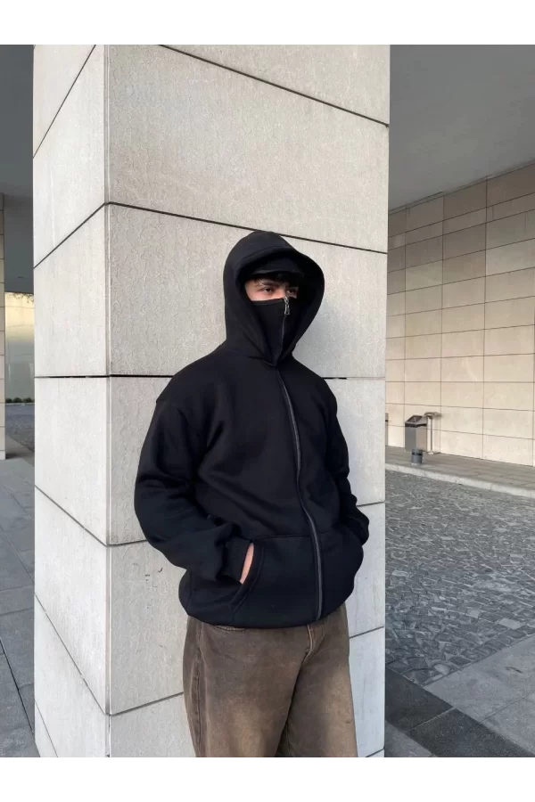Luz&Pos Samuray Kapüşonlu Zıp Fermuarlı Kapüşonlu Sweatshirt - Siyah