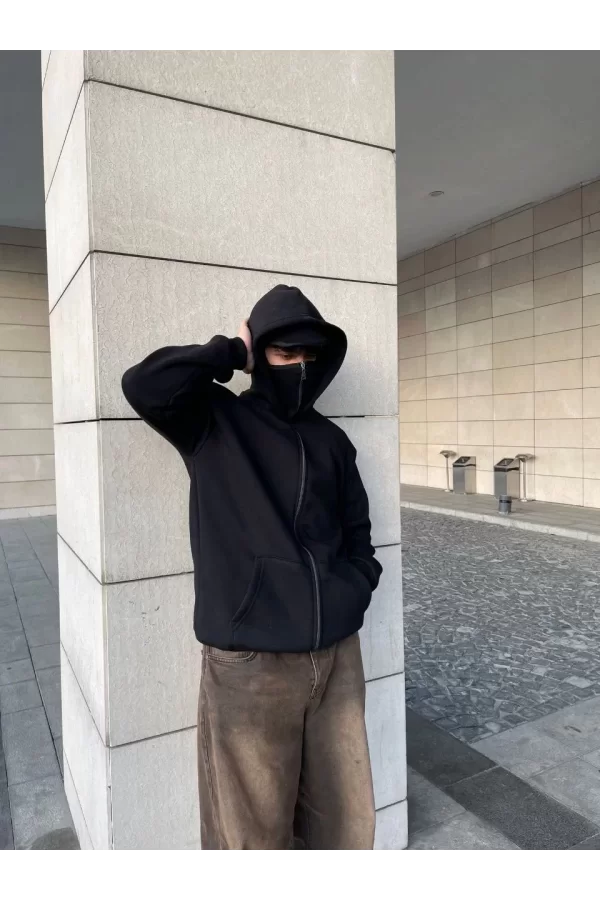 Luz&Pos Samuray Kapüşonlu Zıp Fermuarlı Kapüşonlu Sweatshirt - Siyah