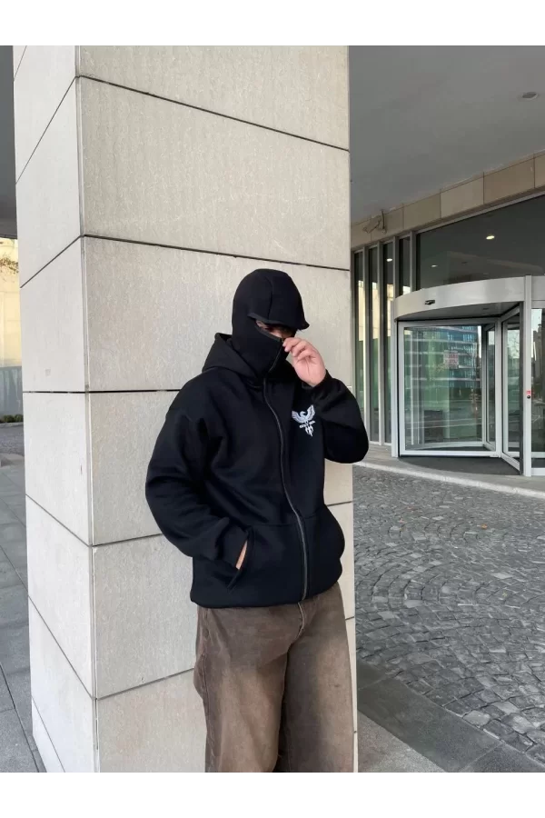 Luz&Pos Samuray Kapüşonlu Zıp Fermuarlı Kapüşonlu Sweatshirt - Siyah