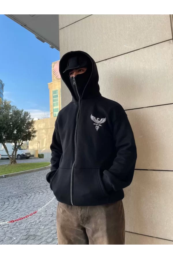 Luz&Pos Samuray Kapüşonlu Zıp Fermuarlı Kapüşonlu Sweatshirt - Siyah