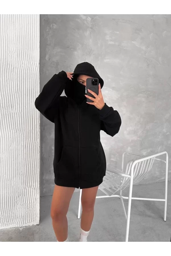 Luz&Pos Samuray Zıp Fermuarlı Kapüşonlu Sweatshirt- Siyah