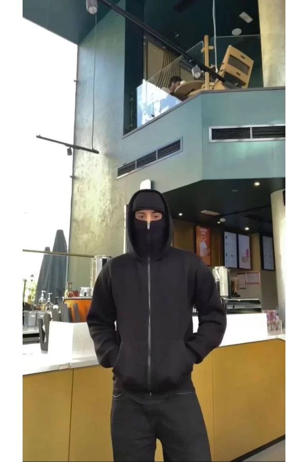 Luz&Pos Samuray Zıp Fermuarlı Kapüşonlu Sweatshirt- Siyah