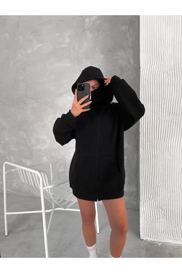 Luz&Pos Samuray Zıp Fermuarlı Kapüşonlu Sweatshirt- Siyah