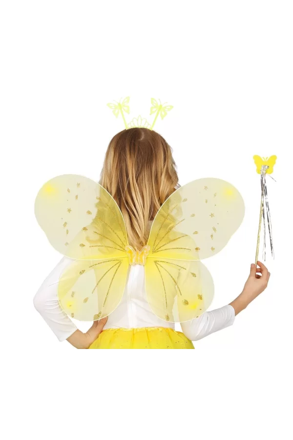 Sarı Kelebek Erkek-kız Seti – 50 Cm Kelebek Kanadı, Taç Ve Asa