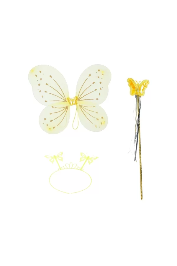 Sarı Kelebek Erkek-kız Seti – 50 Cm Kelebek Kanadı, Taç Ve Asa