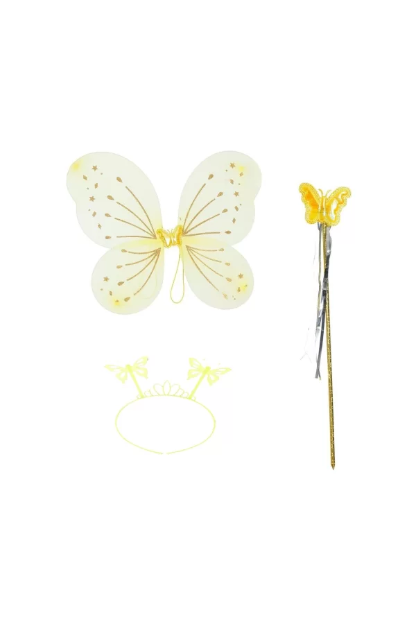 Sarı Kelebek Erkek-kız Seti – 50 Cm Kelebek Kanadı, Taç Ve Asa