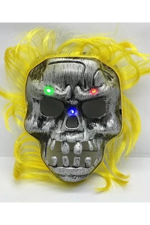 Sarı Saçlı Led Işıklı Kuru Kafa İskelet Korku Maskesi 22x25 Cm