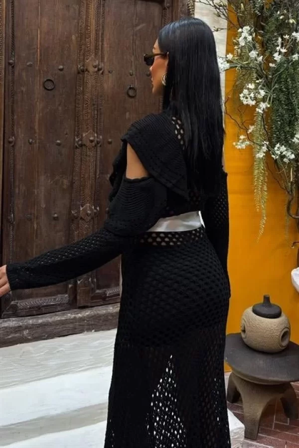 Saten Kuşaklı Ajurlu Triko Elbise 2847