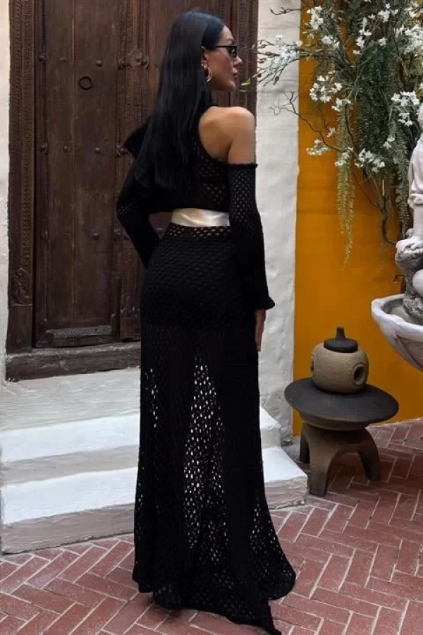 Saten Kuşaklı Ajurlu Triko Elbise 2847