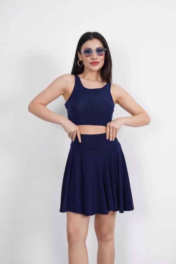 Sendy Kumaş Bisiklet Yaka Crop Şortlu Etek Ikili Takım - Lacivert