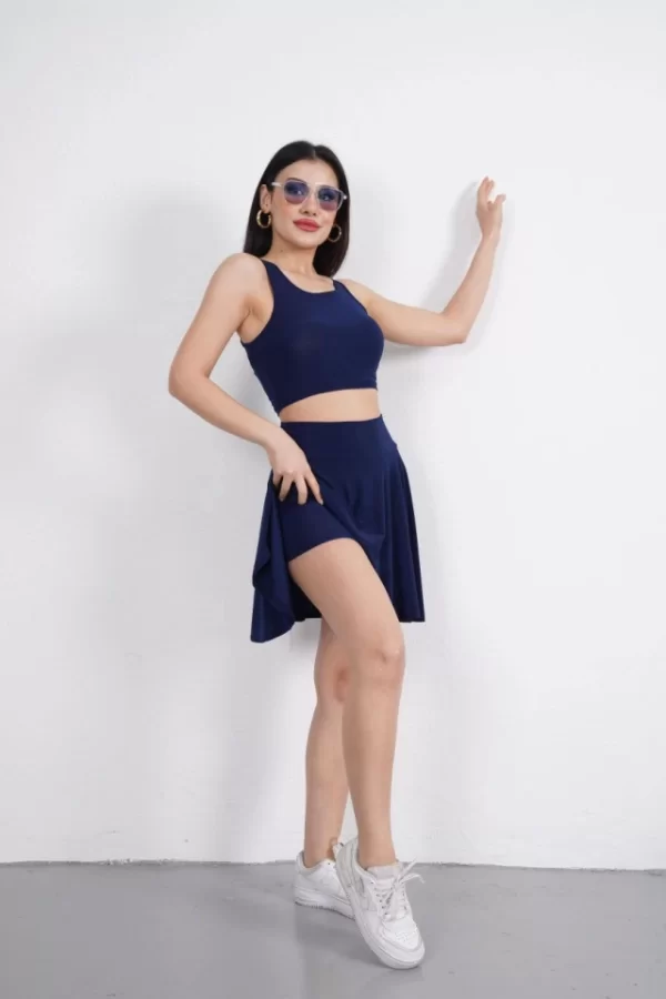 Sendy Kumaş Bisiklet Yaka Crop Şortlu Etek Ikili Takım - Lacivert