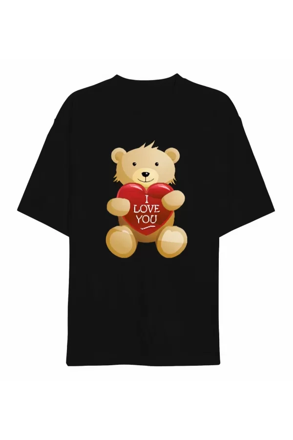 Luz&Pos Sevgililer Günü İçin Özel Tasarım I Love You Ayı Baskılı T-shirt - Siyah