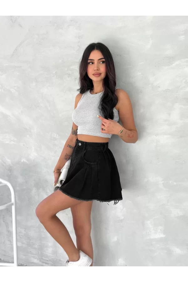 Luz&Pos Şık Pileli Yazlık Mini Etekli Kot- Siyah