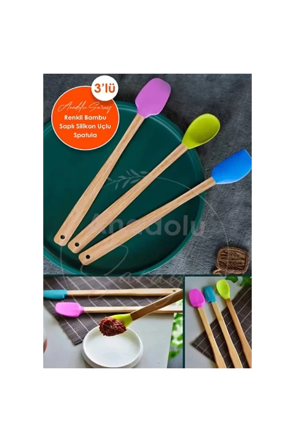 Silikon Uçlu Isıya Dayanıklı Bambu Spatula 3lü Set
