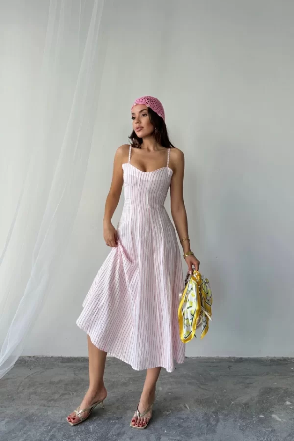 SİMLİ ÇİZGİLİ ASKILI ELBİSE MİDİ BOY - Pembe