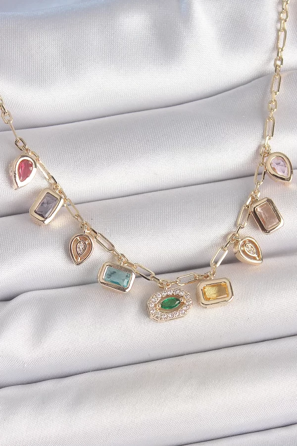 Sıralı Karışık Renk Zirkon Taşlı Gold Pirinç Kolye