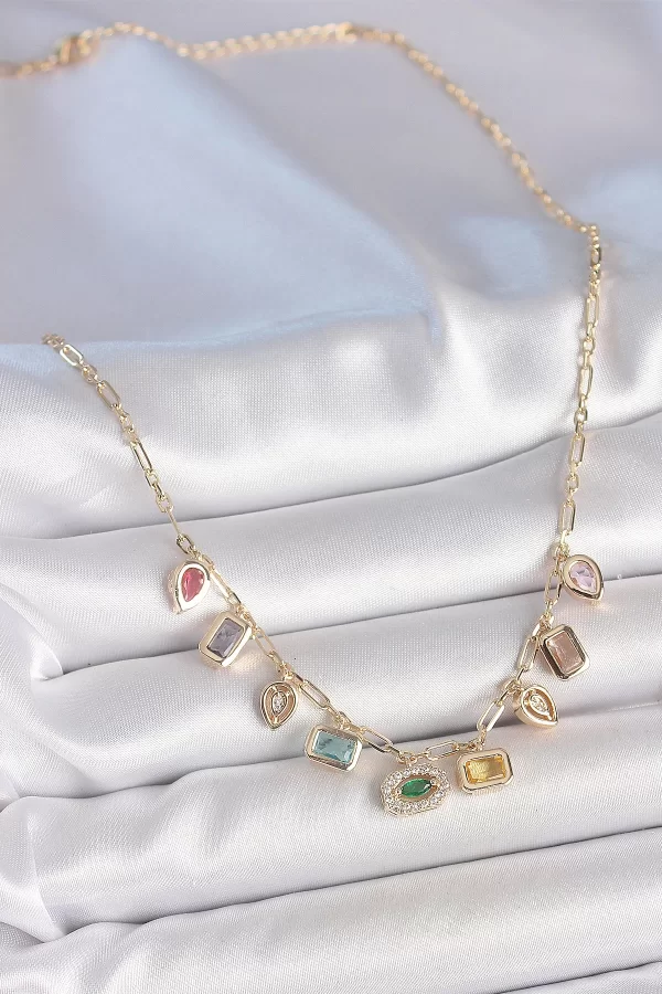 Sıralı Karışık Renk Zirkon Taşlı Gold Pirinç Kolye