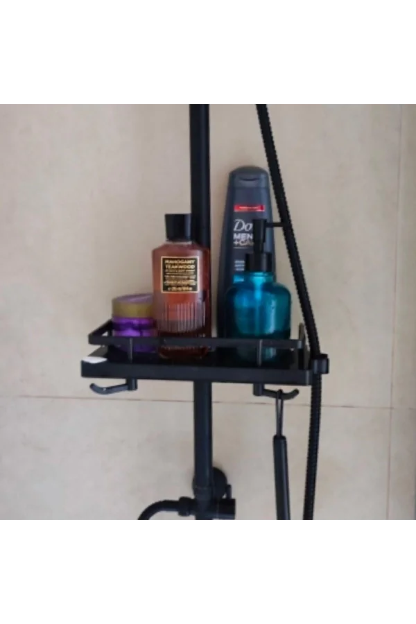 Siyah Duş Borusuna Sabitlenen Banyo Duş Rafı Şampuanlık Sabunluk Organizer