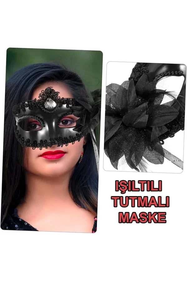 Siyah Işıltılı Tutmalı Fotoğraf Çekimi Maskesi 18x29 Cm