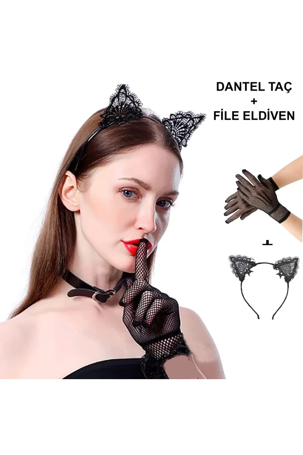 Siyah Kedi Dantel Taç + Eldiven Seti – Parti, Dans Ve Kostüm Kombini