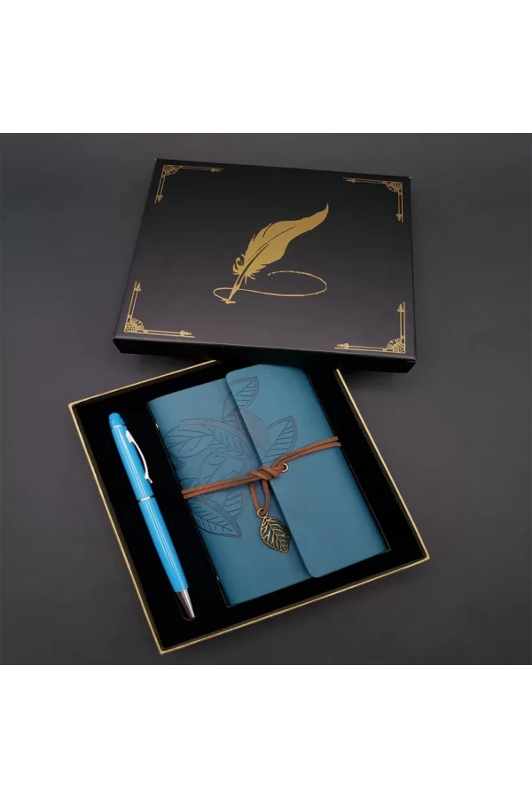Siyah Kutulu Yaprak Desenli Mavi Deri Defter Ve Kalem Seti