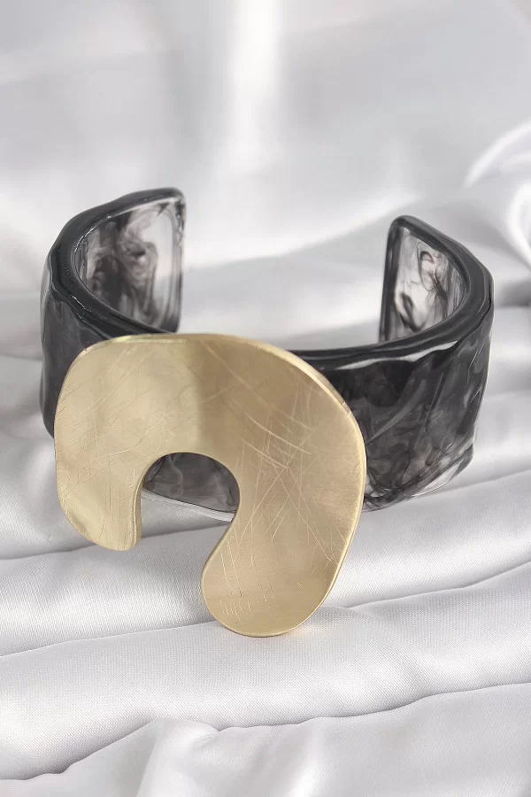 Siyah Mermer Desen Akrilik Plastik Gold Nal Model Plaka Vintage Kadın Bilezik