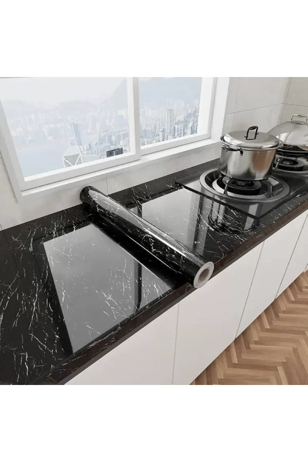 Siyah Mermer Desenli Yapışkanlı Tezgah Folyosu (3 Mt.x 60 Cm)