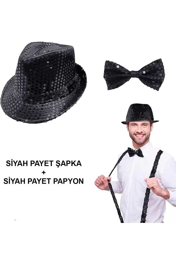 Siyah Payetli Şapka Ve Papyon Seti – Parıltılı Yetişkin Kostüm Seti