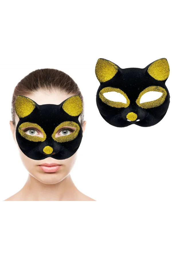 Siyah Renk Gold Simli Kedi Maskesi