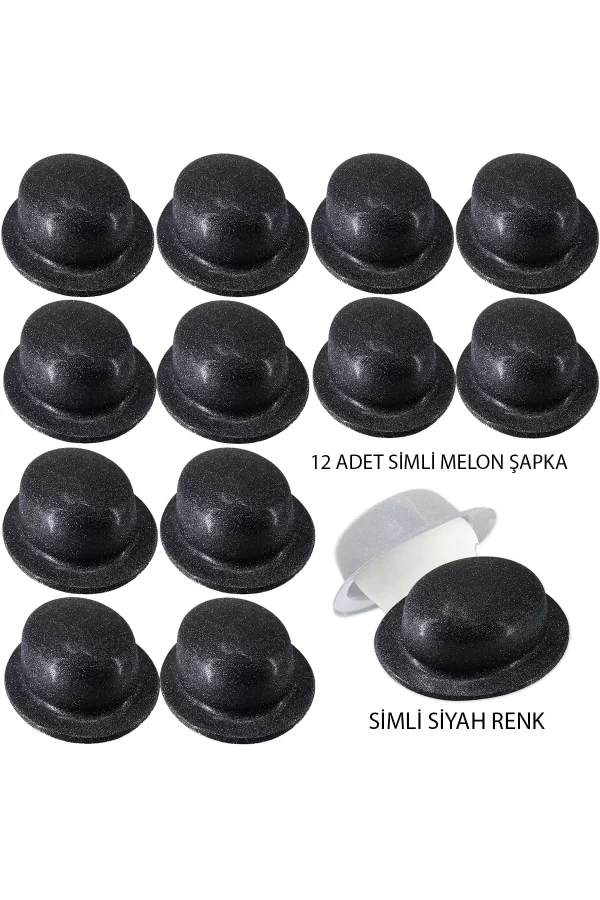 Siyah Renk Simli Melon Yulak Parti Şapkası 12 Adet