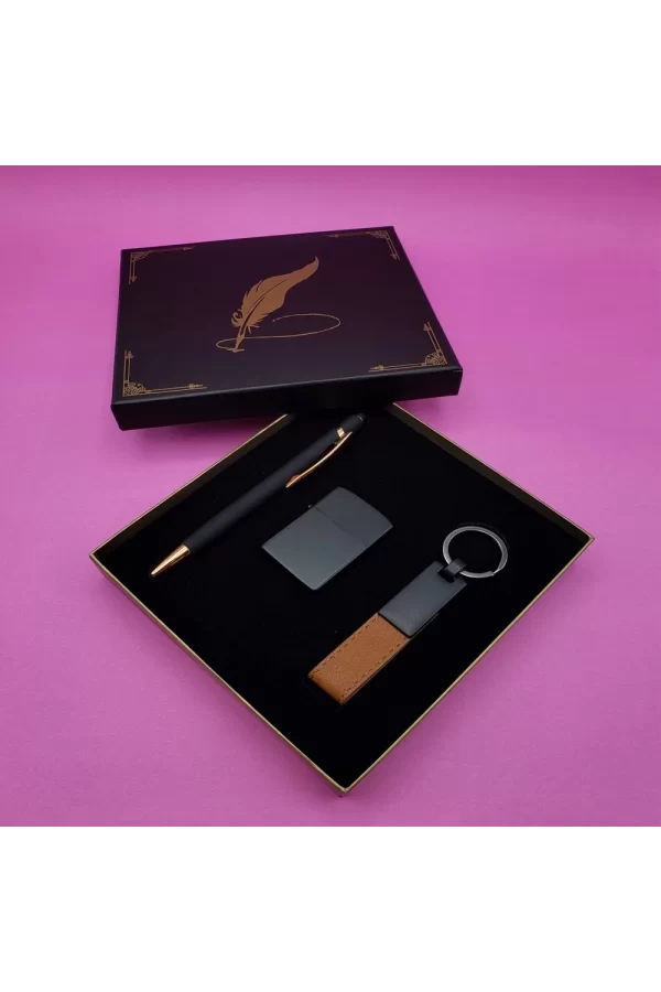 Siyah Rubber Kalem Çakmak Ve Anahtarlık Set