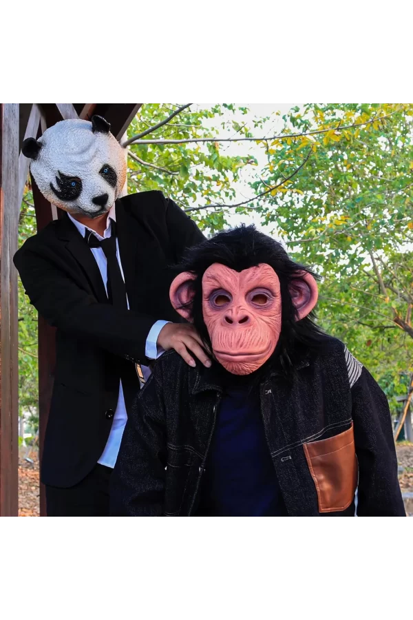 Siyah Saçlı Kafaya Tam Geçmeli Lateks Şempanze Maskesi - Lateks Maymun Orangutan Goril Maske Et Maske
