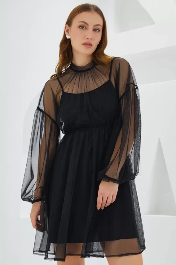 Siyah Tül Detaylı Mini Elbise 2485