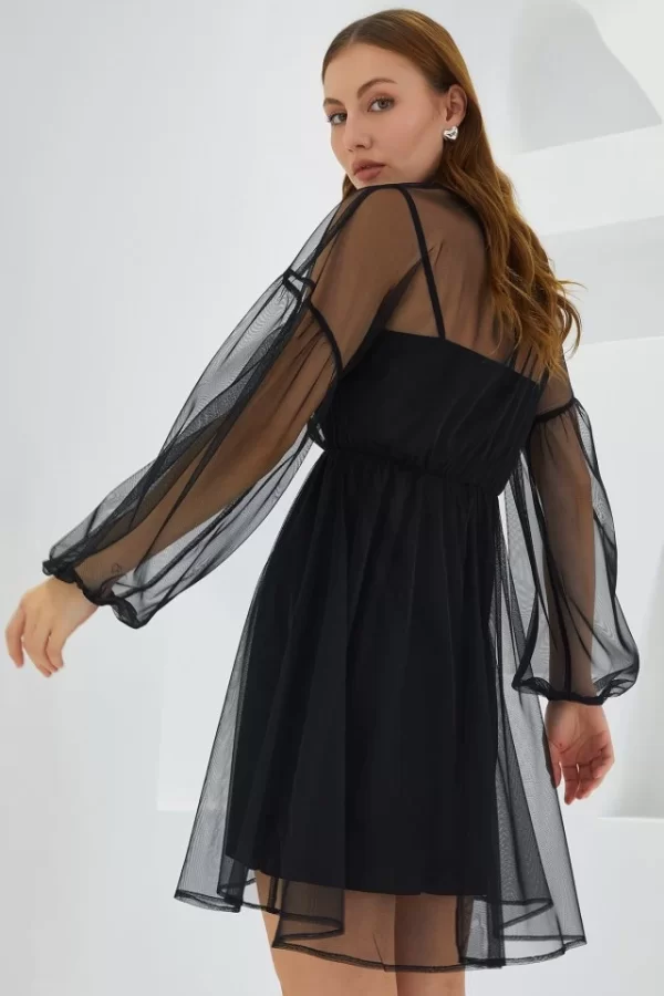 Siyah Tül Detaylı Mini Elbise 2485