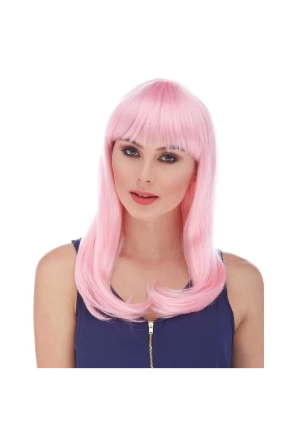 Soft Pembe Renk Uzun Düz Parti Peruğu