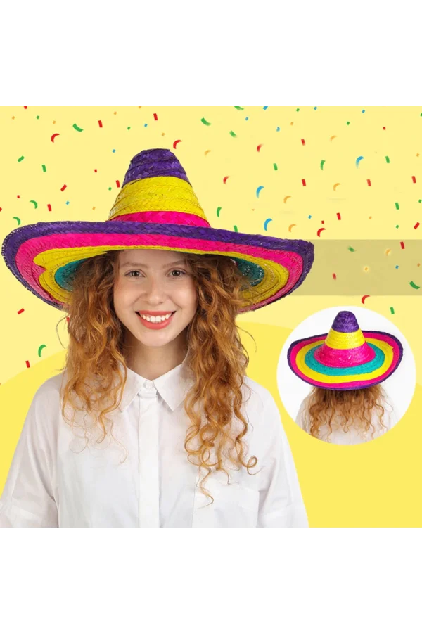 Sombrero Meksika Şapkası Renkli Örme Hasır Çocuk Boy