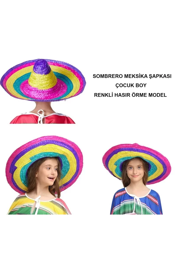 Sombrero Meksika Şapkası Renkli Örme Hasır Çocuk Boy