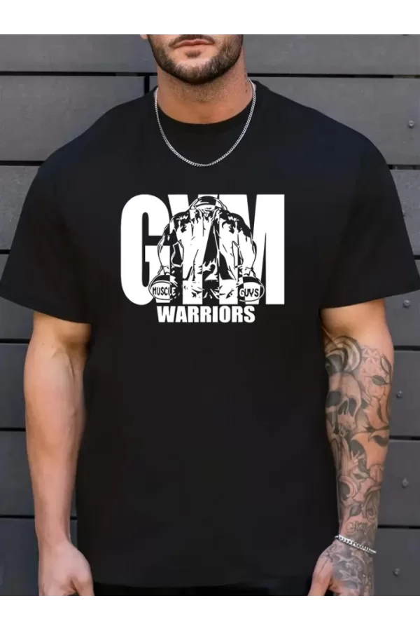 Sporda Günlük Hayata Giyilebilir GYM Baskılı Oversize Bisiklet Yaka Erkek T-shirt - Siyah