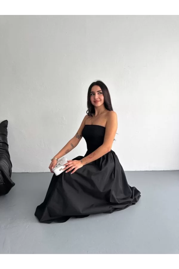 Straplez Pileli Elbise - Siyah