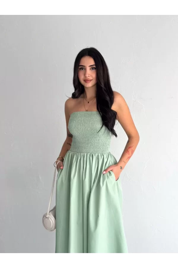 Luz&Pos Straplez Pileli Elbise - Su Yeşili