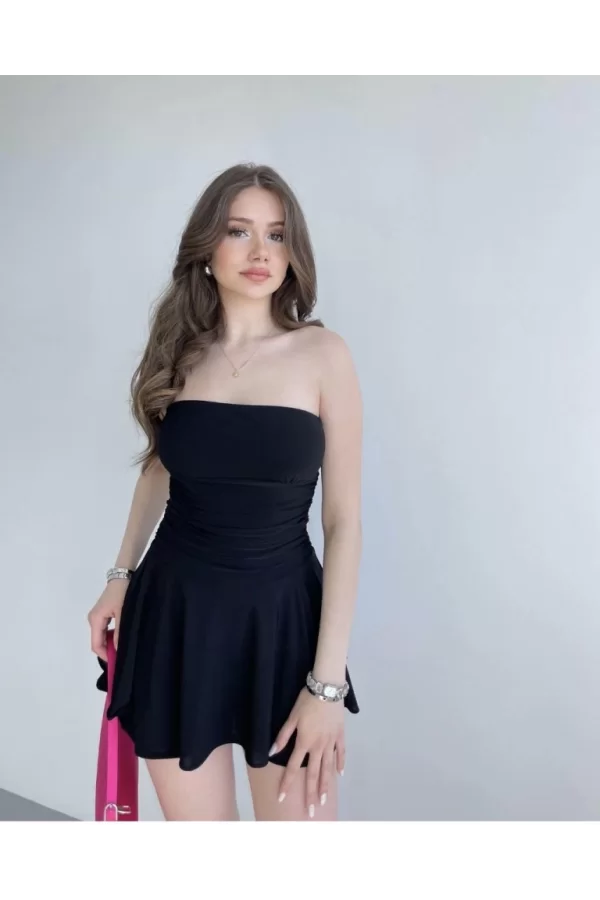 Straplez Sandy Kumaş Şortlu Prenses Etek Mini Klos Elbise- Siyah