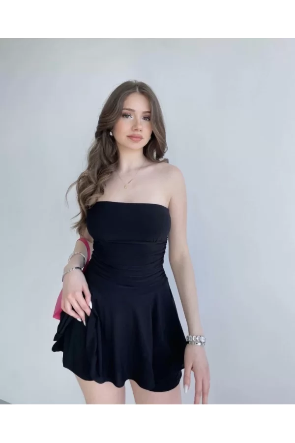 Straplez Sandy Kumaş Şortlu Prenses Etek Mini Klos Elbise- Siyah
