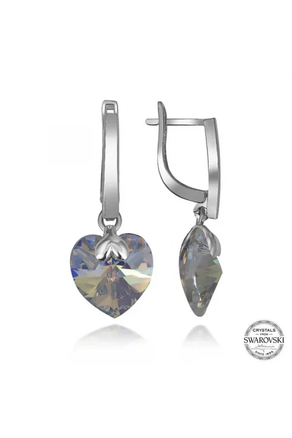 Luz&Pos Swarovski Crystal Taşlı Gümüş Beyaz Kalp Sallantılı Kadın Küpe