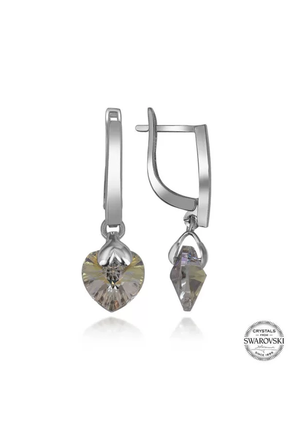 Luz&Pos Swarovski Crystal Taşlı Gümüş Beyaz Kalp Sallantılı Kadın Küpe