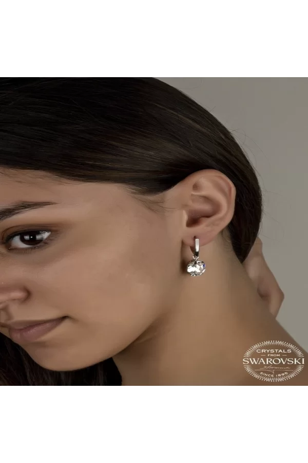 Luz&Pos Swarovski Crystal Taşlı Gümüş Beyaz Oval Sallantılı Kadın Küpe