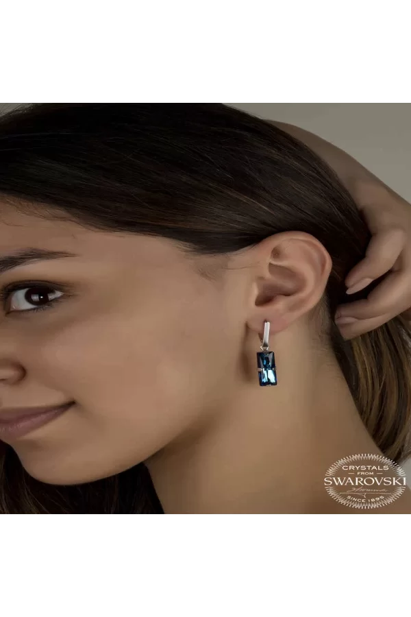 Luz&Pos Swarovski Crystal Taşlı Gümüş Mavi Baget Sallantılı Kadın Küpe